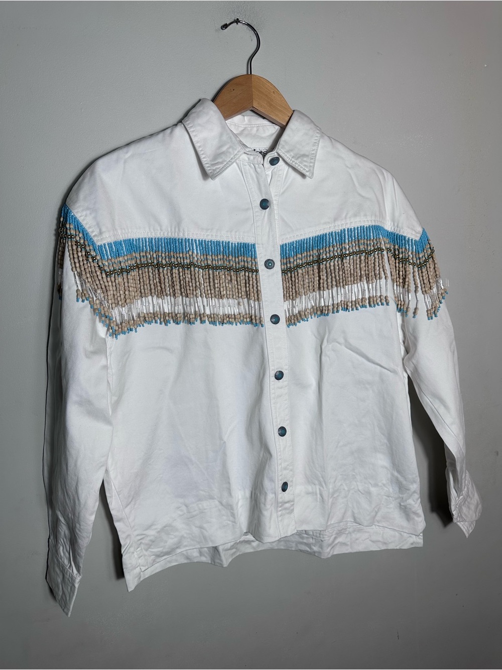 Vintage White Beaded Fringe Button-Up Shirt Jacket
